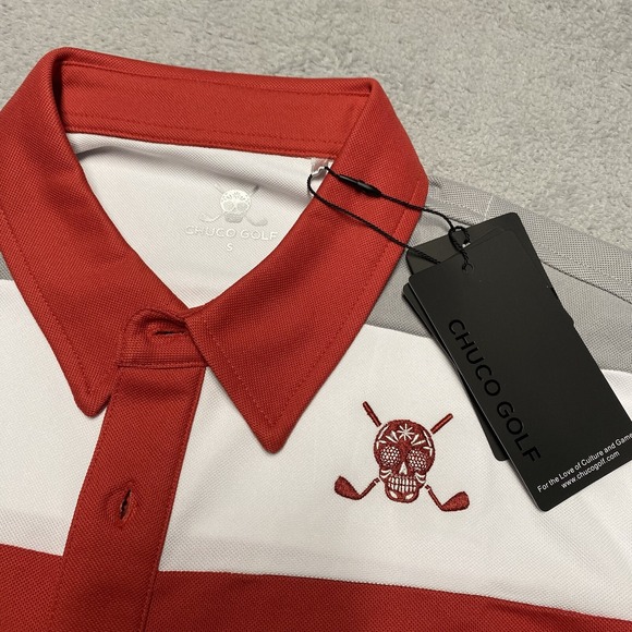 Chuco Golf Polo Shirt Mens Small Colorblock Stripe Performance Skull NEW - Picture 1 of 8